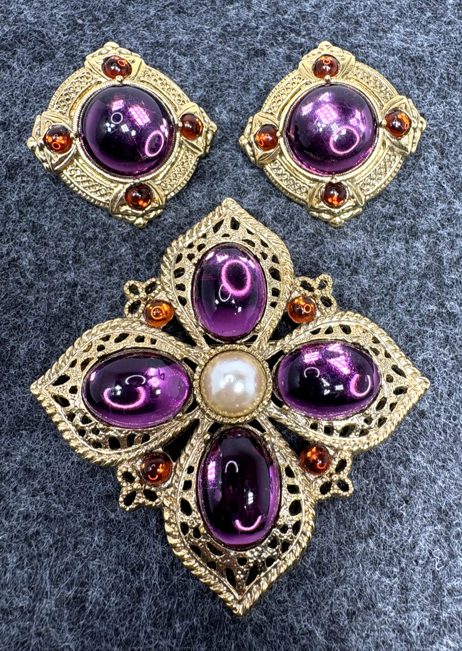 Vtg Maltese Cross Brooch Earring Set Purple Cabochon Faux Pearl Gold Tone